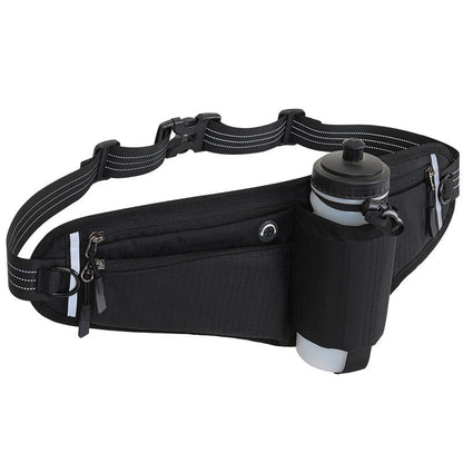 NNEDSZ Black Adjustable Running Waist Pack with Water Bottle Holder, Reflective Design, and Multiple Storage Pockets for Outdoor Activities
